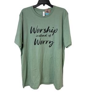 New Hand Printed Mens 2XL Worship Instead Of Worry Green Short Sleeve Tee Shirt